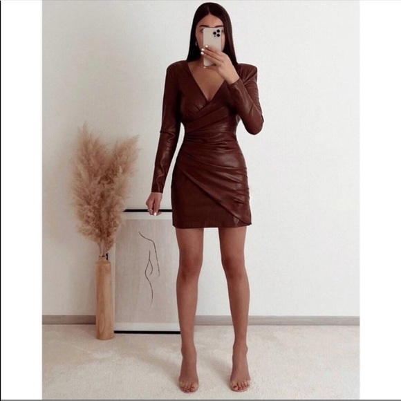 Poshmark Zara Tan Leather Dress Zara Brown Faux Leather Crossover Ruched Leather  Dress